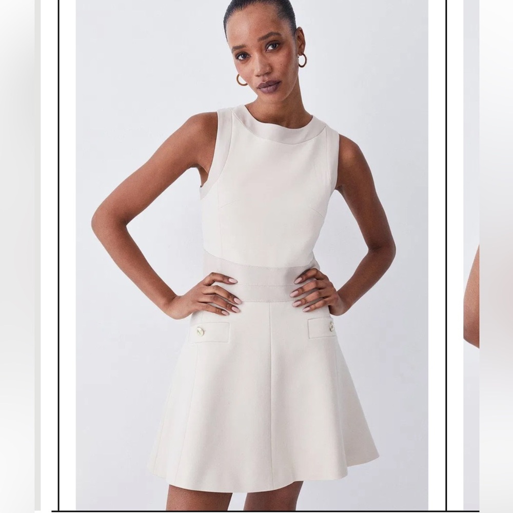 NWT Karen Millen Ponte Faux leather A line flippy mini dress 12 Tall beige - Picture 4 of 13